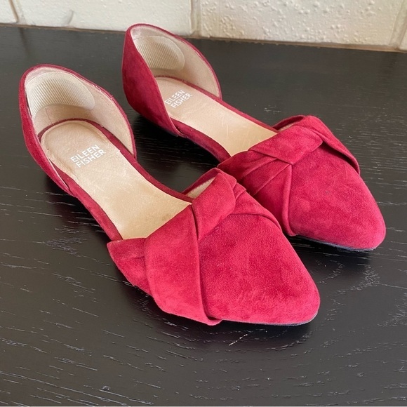 Eileen Fisher Flats Dressy Women Size 6 Red Suede Bow Dorsay Pointed Toe Shoes - Picture 1 of 7